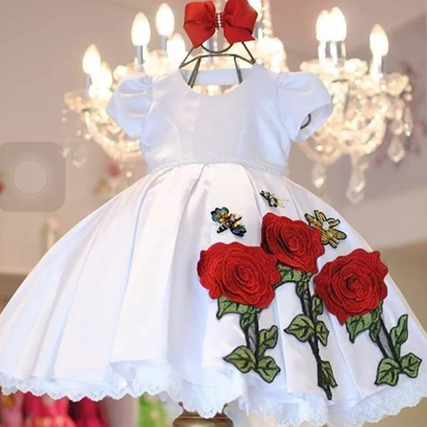 Ball Gown Little Flower Girls Dresses White Embroidery Flowers 3D Puffy Floor Length Girls Pageant Dresses