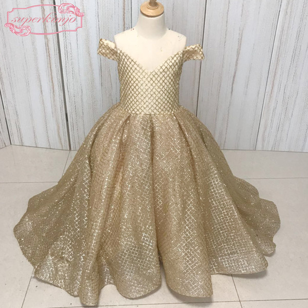 Real Picture Little Flower Girls Dresses Gold Sequins Gliter Glued Ball Gown Floor Length Little Girls Party Dresses Gowns