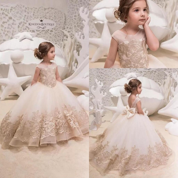 Princess Champagne Flower Girl Dresses Jewel Neck Lace Appliqued Bow Birthday Party Gowns Kids Formal First Communion Dress