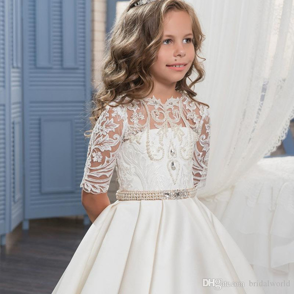 White Ivory Satin Gold Belt Bead Half Sleeve Lace Appliques Long Formal Kids First Communion GownsChildren Flower Girls Dresses Pur