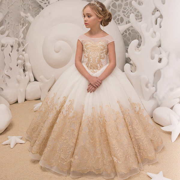 Ball Gown Flower Girl Dresses Ivory Champagne Embroidery Cap Sleeves Floor Length Little Girls Pageant Dresses Girls Christmas Dresses vesti