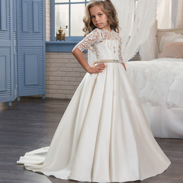 Children Flower Girls Dresses Pure White Ivory Satin A Line Gold Belt Bead Half Sleeve Lace Appliques Long Formal Kids First Communion Gowns