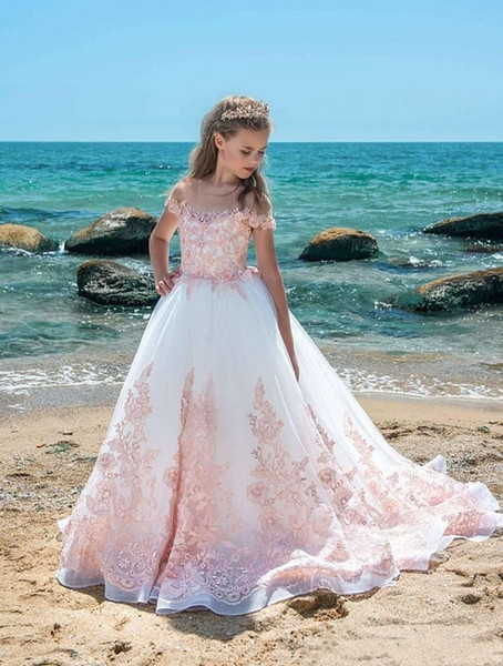 White Tulle Flower Girl Dresses Pink Lace Appliques A-line Cap Short Sleeves Court Train Formal Party Gowns Kids Children Cheap Wedding 