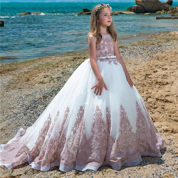 White Flower Girl Dresses Pink Lace Appliques Ball Gown Court Train Formal Party Gowns Kids Children Luxury Kids Girls Bridesmaid Dresses