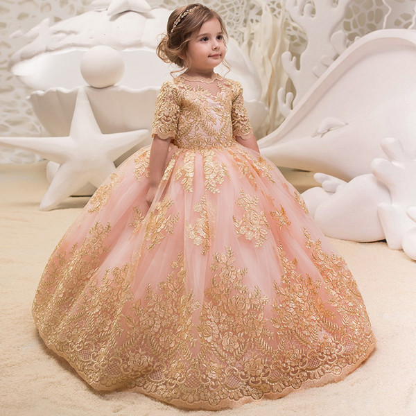 New Sweet Pink Tulle Gold Lace Appliques Flower Girl Dresses Half Sleeves Ball Gown Floor Length Scoop Neckline Little Girls Pageant Dresses