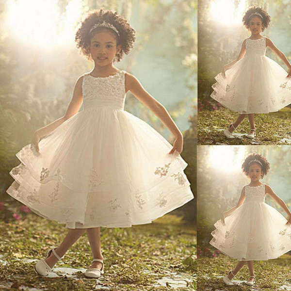 New Beach Flower Girl Dresses White Ivory Boho First Communion Dress For Little Girl V-Neck Long Sleeve A-Line Cheap Kids Wedding Dress 392