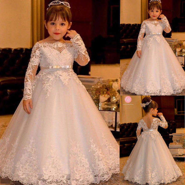 First Communion Dresses For Girls Scoop Backless Appliques Flower Girls Dress Bows Tulle Ball Gown Pageant Dresses For Little Girls