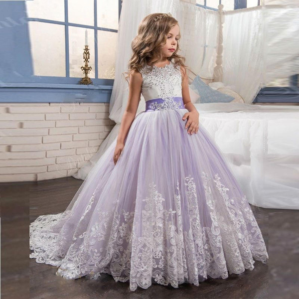 Beautiful Purple and White Flower Girls Dresses kids prom dresses Beaded Lace Appliqued Bows Pageant Gowns for Kids Wedding Party 405