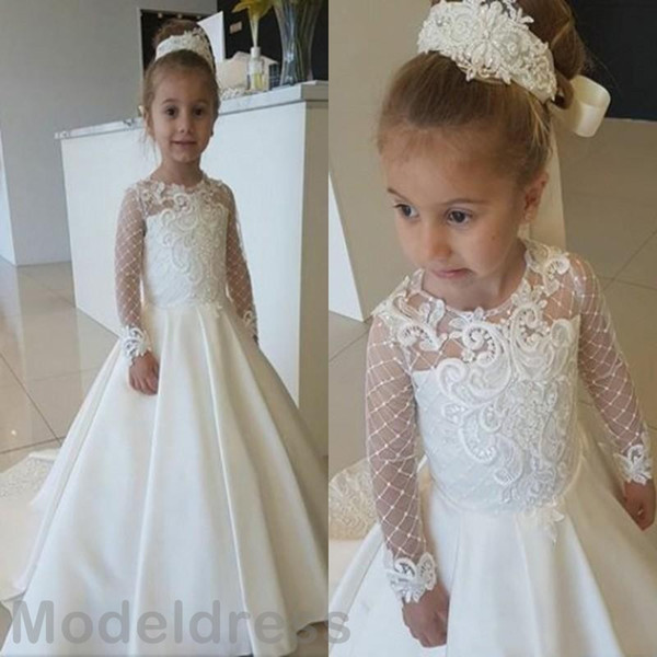 Flower Girl Dresses Lovely Long Sleeve Ball Gown A-Line Brithday First Communion Dresses Cheap Wedding Party Gowns