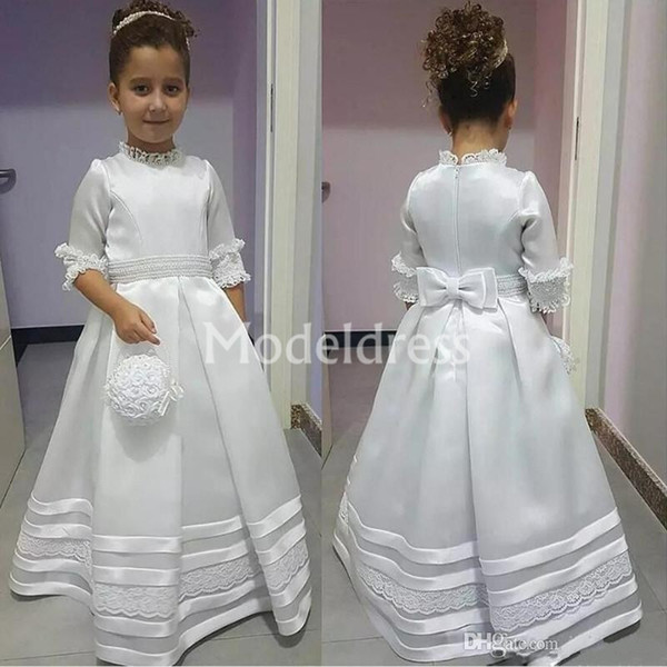 Lace White Flower Girl Dresses Jewel Neck Bow Half Sleeves Full Length Girl Pageant First Communion Dresses Children Birthday Party Gowns