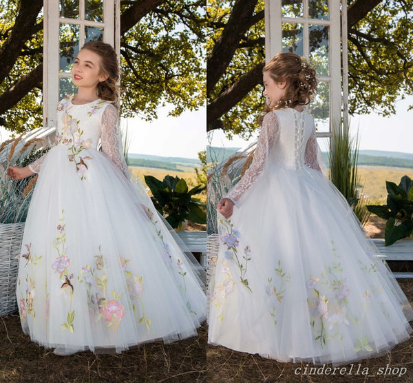 New Sweet Ball Gown Flower Girl Dresses For Weddings Long Sleeve Jewel Floor Length Appliques Child Birthday Party Gowns Girls Pageant Dress