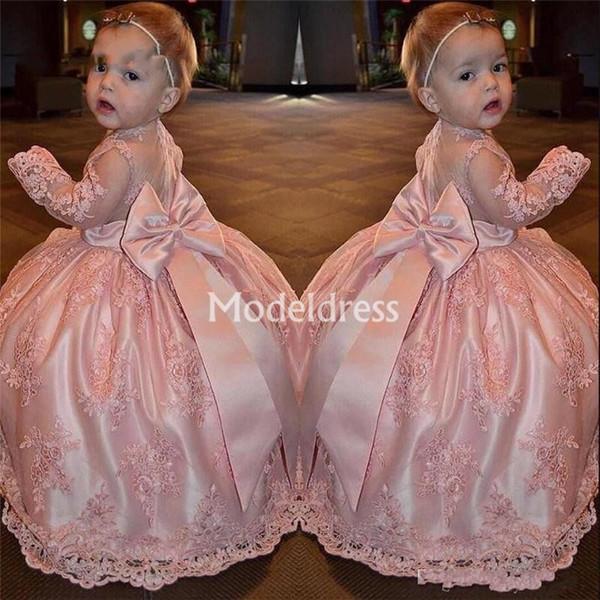 Holy Lace Pink Flower Girl Dresses Long Sleeves Ball Gown Lovely Girl First Communion Dresses With Big Bow Cute Children Birthday Party Gown