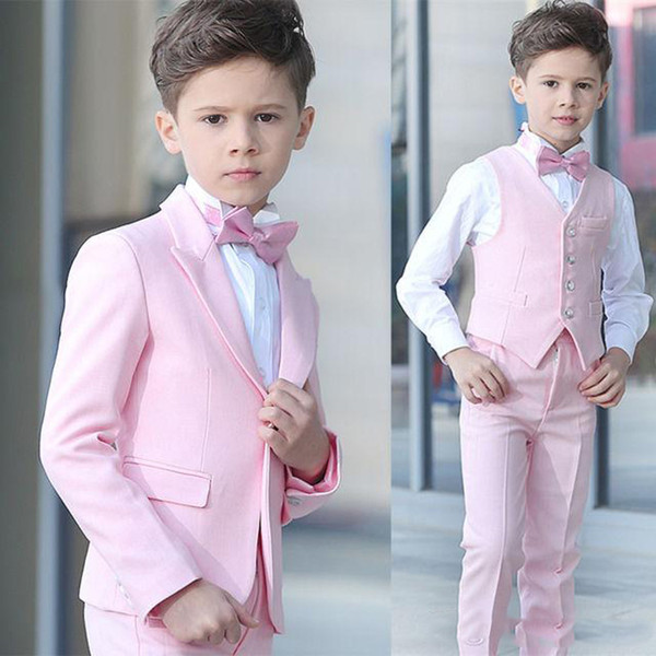 Boy 4 Pieces Pink Suit Wedding Tuxedos Peak Lapel One Button Boy Formal Wear Kids Suits for Prom Party Custom Made(Blazer+Pants+Vest+Bow Tie