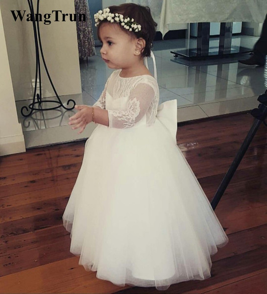 Princess Lace Ball Gown Flower Girl Dresses Long Sleeve Floor Length Puffy Tulle Lace Top Kids Dress For Wedding Holy Communion Dresses