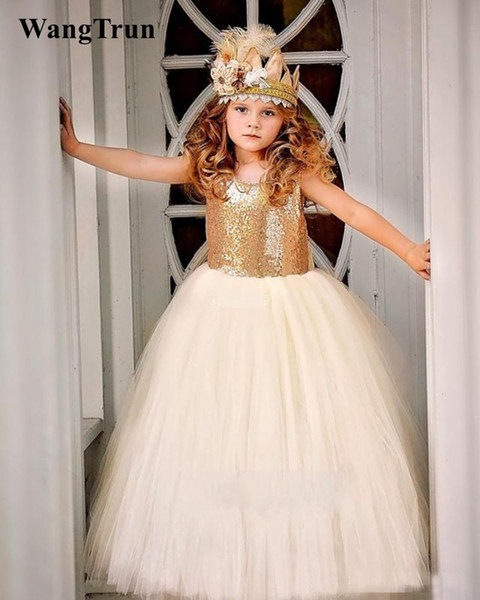 Lovely Gold Sequined First Communion Dress Ball Gown Crew Neck Baby Child Birthday Party Gowns Flower Girls Pageant Dress