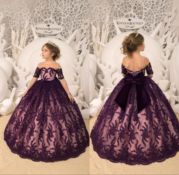 Purple Off Shoulder Ball Gown Flower Girl Dresses Sequins Lace Appliques Bow Sash Girls Pageant Dress BC1393