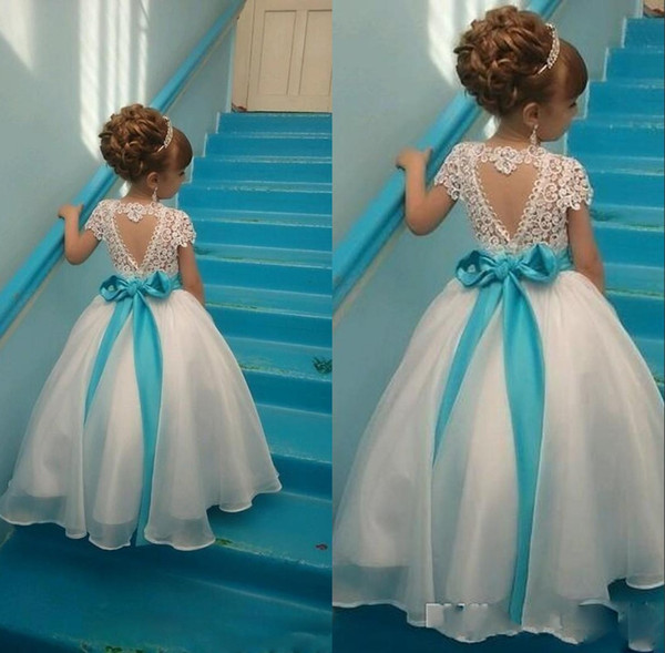 Lake Blue Sash Ball Gown Flower Girl Dresses Lace Appliques Tulle Girls Pageant Dress Kids Formal Wear