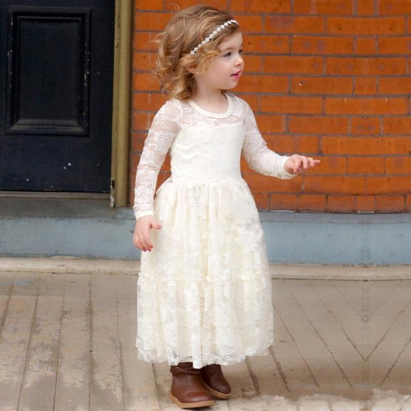 Cute Ivory Long Sleeve Flower Girl Dresses Lace Appliques Girls Pageant Dress Kids Formal Wear