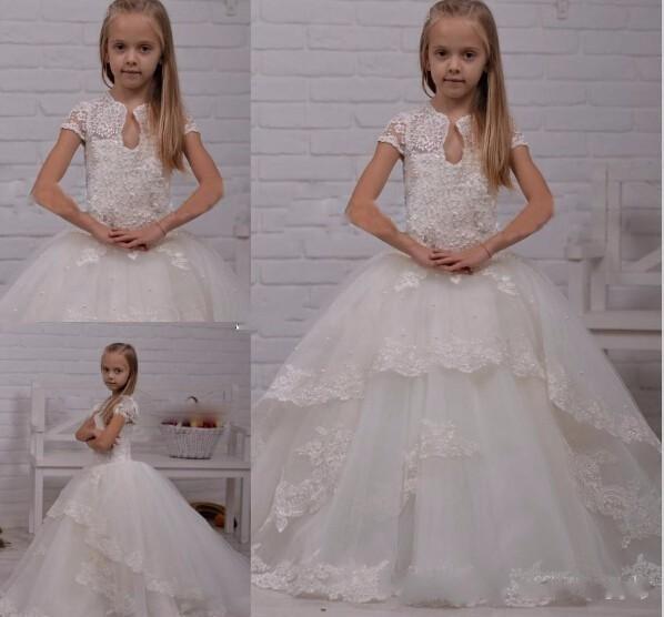 Short Sleeve Layers Ball Gown Flower Girl Dresses Lace Appliques Keyhole Neck Tulle Girls Pageant Dress