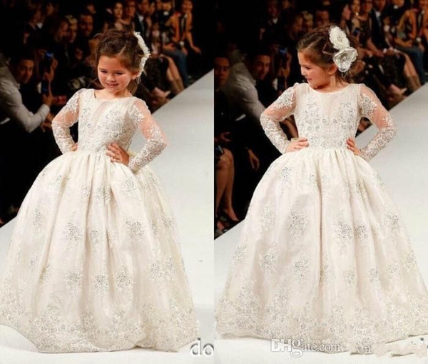 Cute Long Sleeve Ball Gown Flower Girl Dresses Lace Appliques Sequins Tulle Girls Pageant Dress 