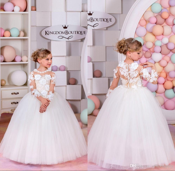 3D Flowers Long Sleeve Ball Gown Flower Girl Dresses Lace Appliques Tulle Girls Pageant Dress 