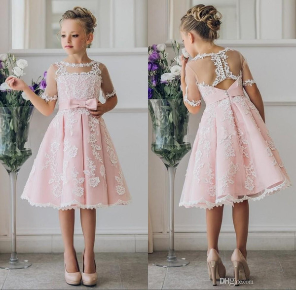 Adorable Half Sleeve Pink Ball Gown Flower Girl Dresses Lace Appliques Bow Sash Knee Length Girls Pageant Dress