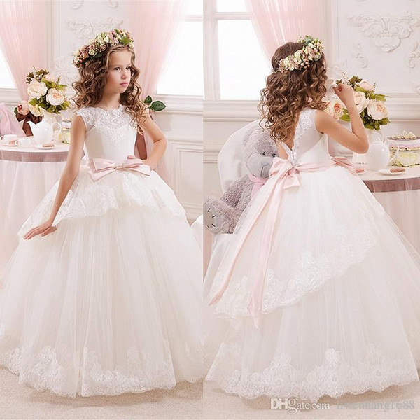 Pink Bow Sash Ball Gown Flower Girl Dresses V Cut Back Design Girls Pageant Dress