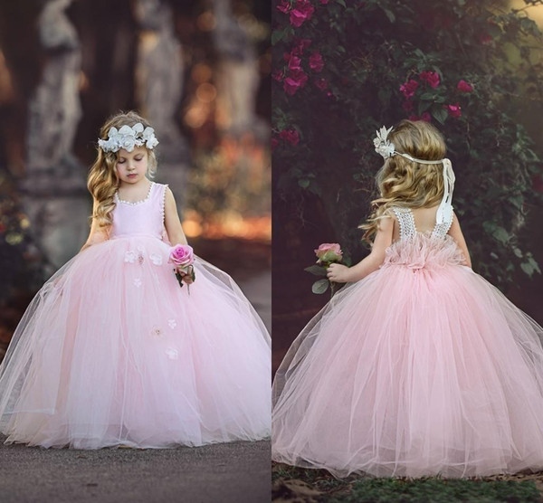 Cute Baby Pink Tulle Flower Girl Dresses with Flower Appliques Ball Gown Girls Pageant Dress Kids Formal Wear