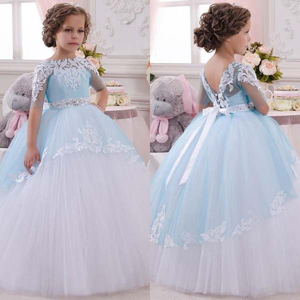 Light Sky Blue Flower Girl Dresses with Lace Appliques Half Sleeve Ball Gown Girls Pageant Dress Kids Formal Wear