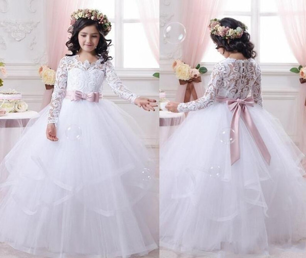 Adorable Long Sleeve Ball Gown Flower Girl Dresses Lace Appliques Pink Bow Sash Girls Pageant Dress Kid Formal Wear