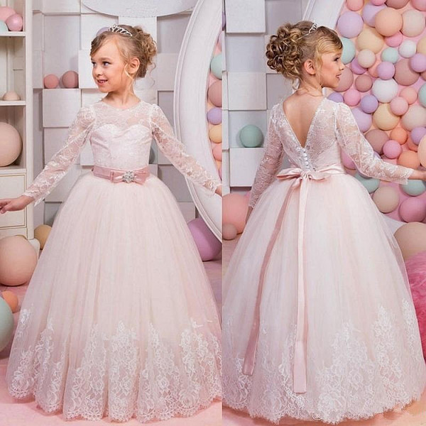 Lovely Long Sleeve Lace Flower Girl Dresses V Cut Back Appliques Puffy Tulle Girls Pageant Dress Kids Formal Wear