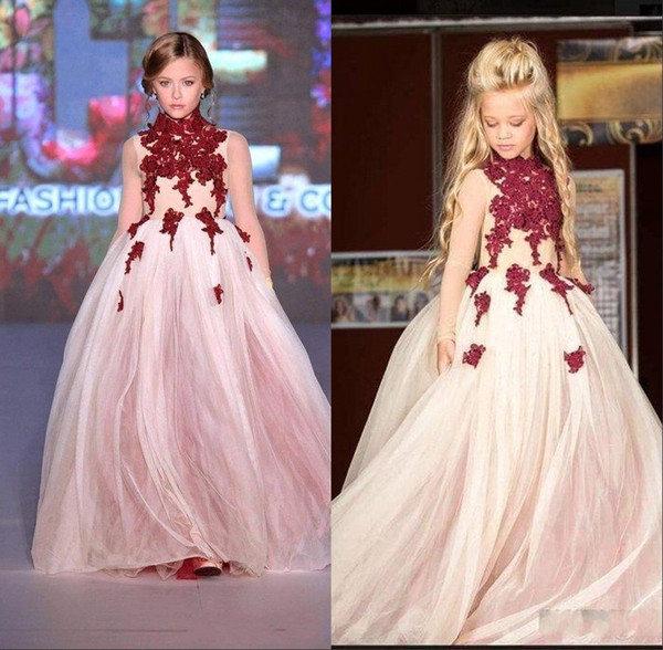 Adorable High Neck Long Sleeve Flower Girl Dresses Burgundy Lace Appliques Puffy Tulle Girls Pageant Dress Kids Formal Wear BC1574