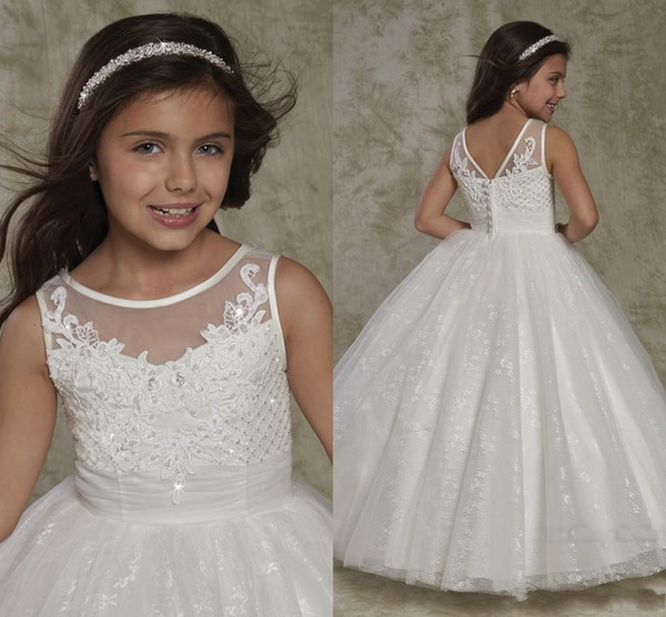 Lovely Ball Gown Flower Girl Dresses Lace Appliques Beaded Covered Button Back Girls Pageant Dress Kid Formal Wear