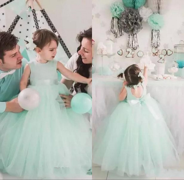 Cute Soft Green Tulle Flower Girl Dresses Bow Sash Jewel Neck Girls Pageant Dress Kids Formal Wear 