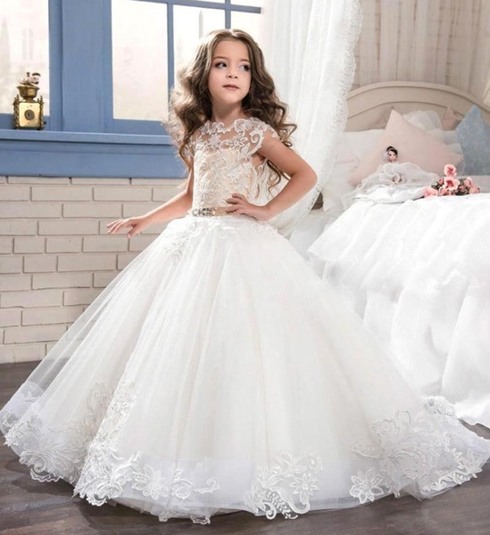 Lovely Lace Top Ball Gown Flower Girl Dresses Champagne Sash Girls Pageant Dress Kids Formal Wear BC1497