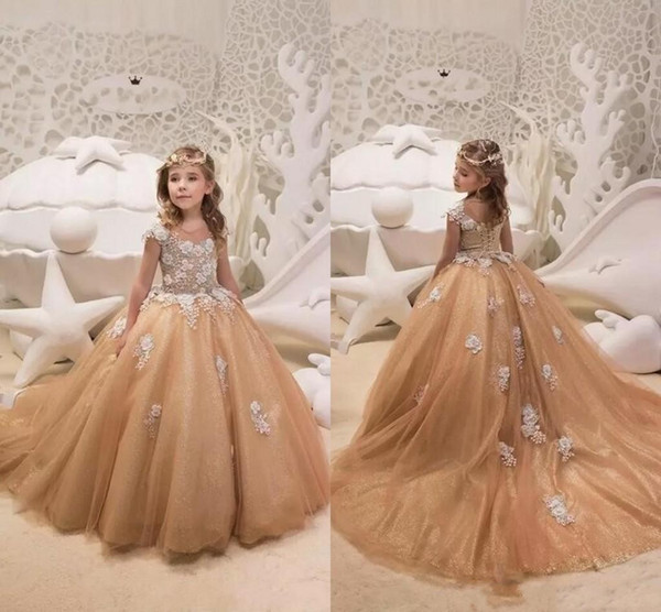 Adorable Champagne Ball Gown Flower Girl Dresses Floral Appliques Lace-up Back Girls Pageant Dress Kids Formal Wear