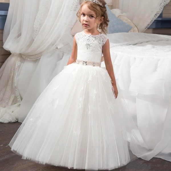 Lovely Puffy Tulle Ball Gown Flower Girl Dresses Lace Appliques Sequins Girls Pageant Dress Lace-up Back Bow Sash Kids Formal Wear