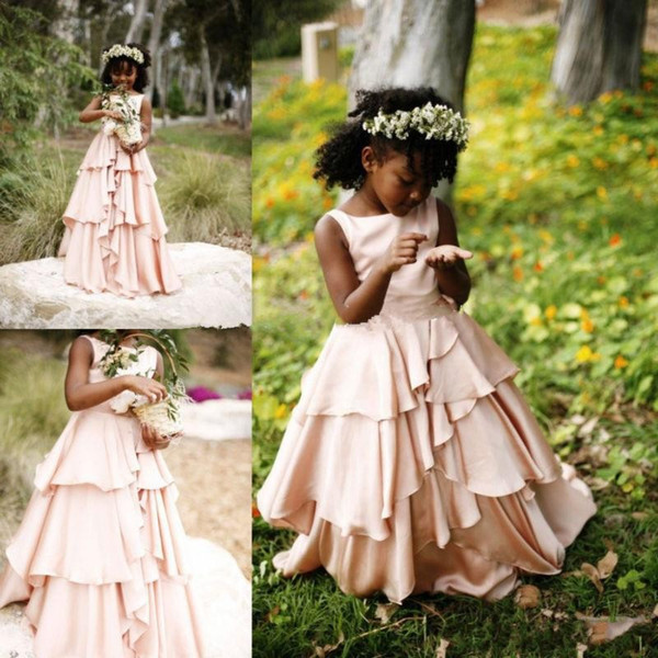 Blush Pink Tiered Flower Girls Dresses Sleeveless Floor Length Girl Pageant Dress Kids Formal Wear Jewel