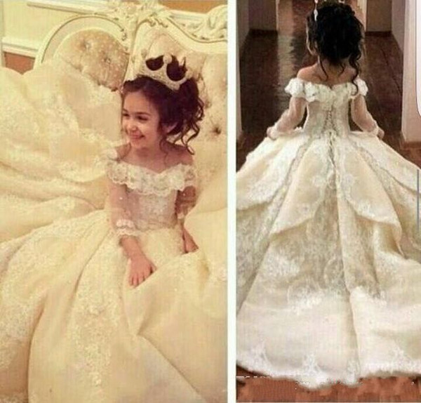 Princess Off Shoulder Long Sleeve Flower Girl Dresses Appliques Lace-up Back Girls Pageant Dress Kids Formal Wear