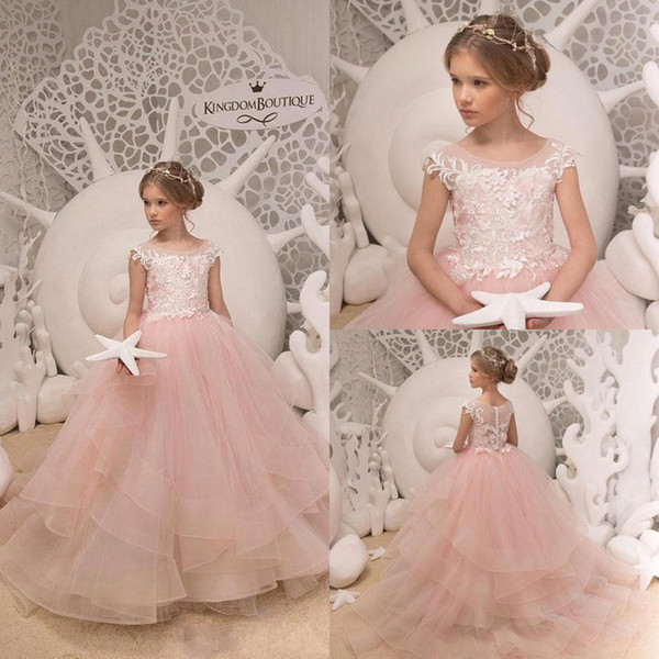 Princess Pink Tiers Flower Girl Dresses Appliques Floor Length Puffy Tulle Girls Pageant Dress Jewel Neck Kids Party Dress BC1398