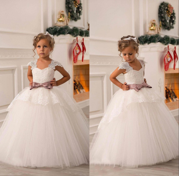 Capped Bow Sash Ball Gown Flower Girl Dresses Lace Appliques Girls Pageant Dress Kids Formal Wear