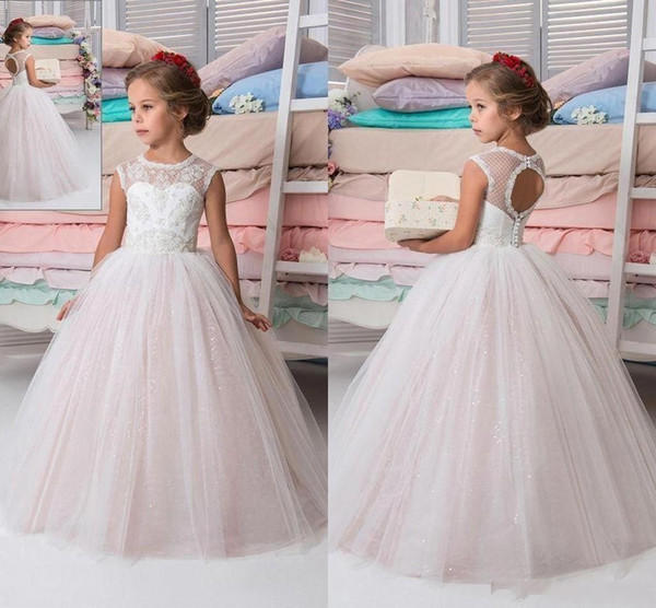 Lovely Puffy Tulle Flower Girl Dresses with Lace Appliques Covered Button Back Sleeveless Girls Pageant Dress