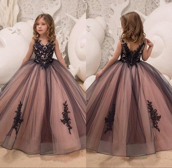 Lovely Ball Gown Flower Girl Dresses for Wedding Black Lace Appliques V Neck First Communion Dresses Toddler Kids Pageant Dresses BC0138