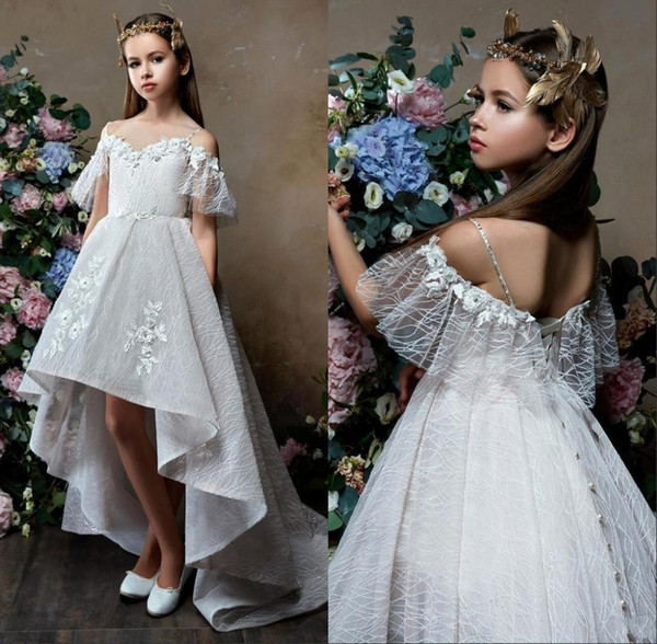 Adorable Off Shoulder Flower Girls Dresses High-Low Train Floral Appliques Girl Pageant Dress Kids Formal Wear BC1348