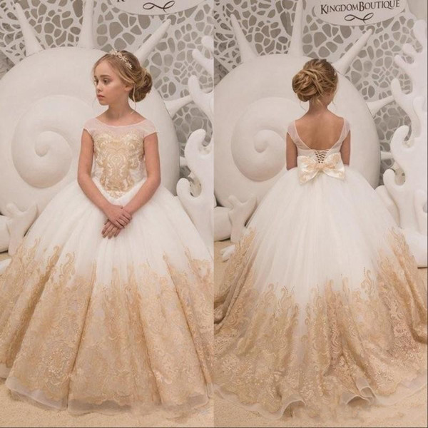 Off Shoulder Flower Girl Dresses with Gold Lace Appliques Bow Sash Ball Gown Girls Pageant Dress Kids Formal Wear