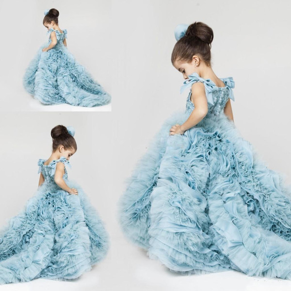 Ice Blue Puffy Flower Girls Dresses for Wedding Ruched Ruffle Bowknot Sleeveless Girls Pageant Dress