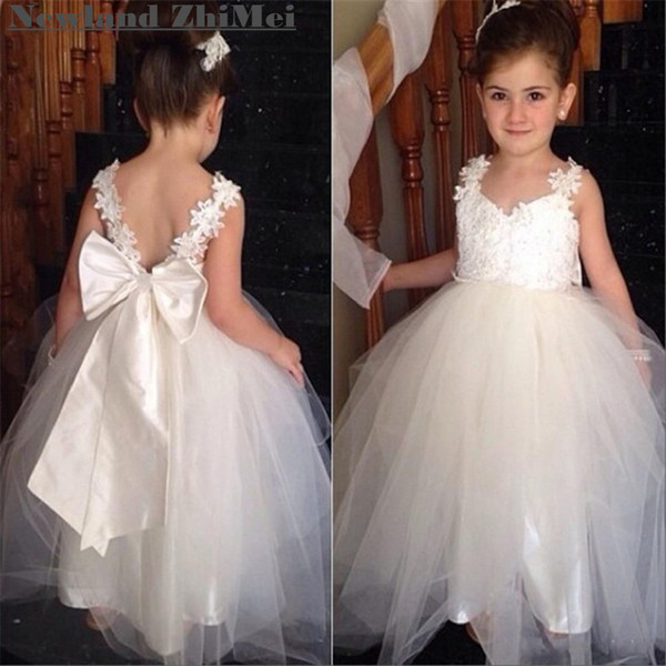 Best Selling Appliqued Tulle Flower Girl Dress with Bow Sweet Open Back Girls Puffy Dresses Custom Made