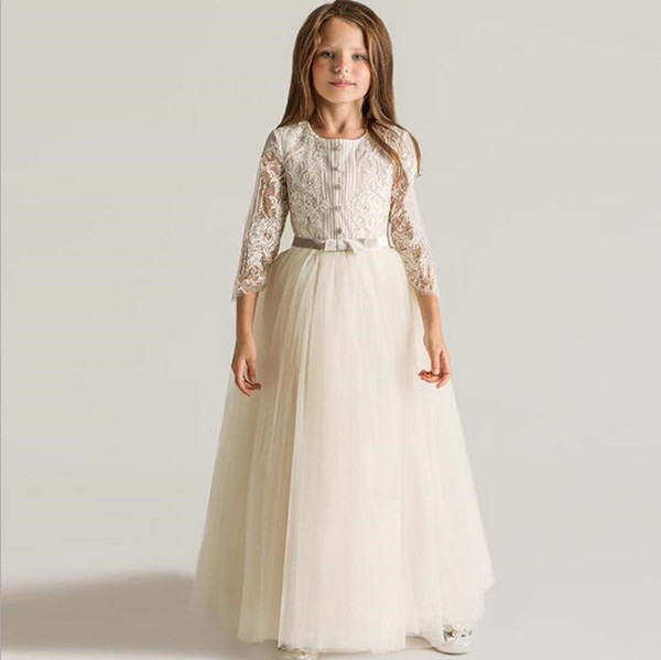 Top Quality Champagne Crew Lace Flower Girl Dresses For Weddings Long Sleeves Tulle New Arrival Floor Length First Communion Gowns