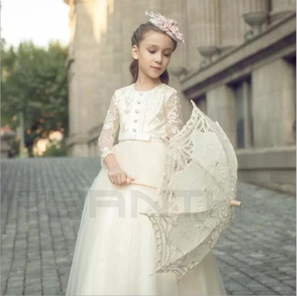 Sweet Champagne Bow Floor Length Ball Gown Lace Flower Girl Dress For Wedding New Long Sleeves First Communion Graduation Gowns
