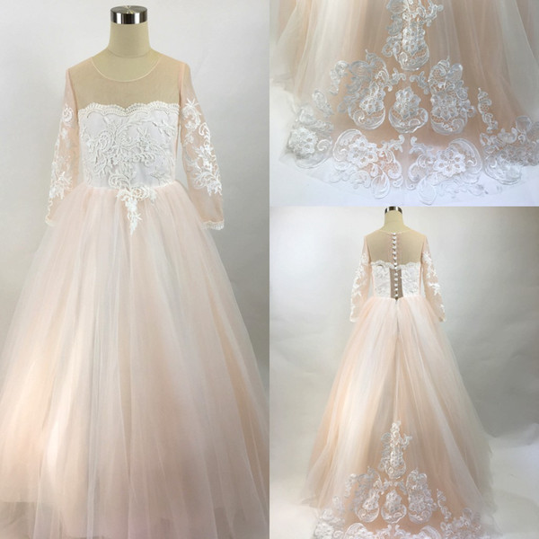 2019 Real Image Blush Pink Flower Girls Dresses Long Sleeves For Weddings Lace Appliques Ball Gown Birthday Girl Communion Pageant Gowns